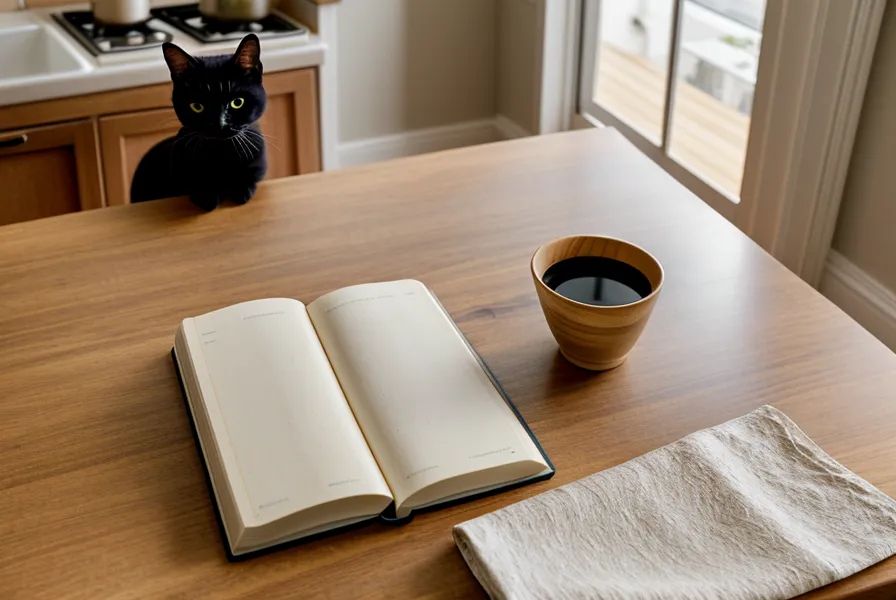 Schwarzer Kater neben Leinenheft und Bücherstapel während der Morgenroutine für den Rücken