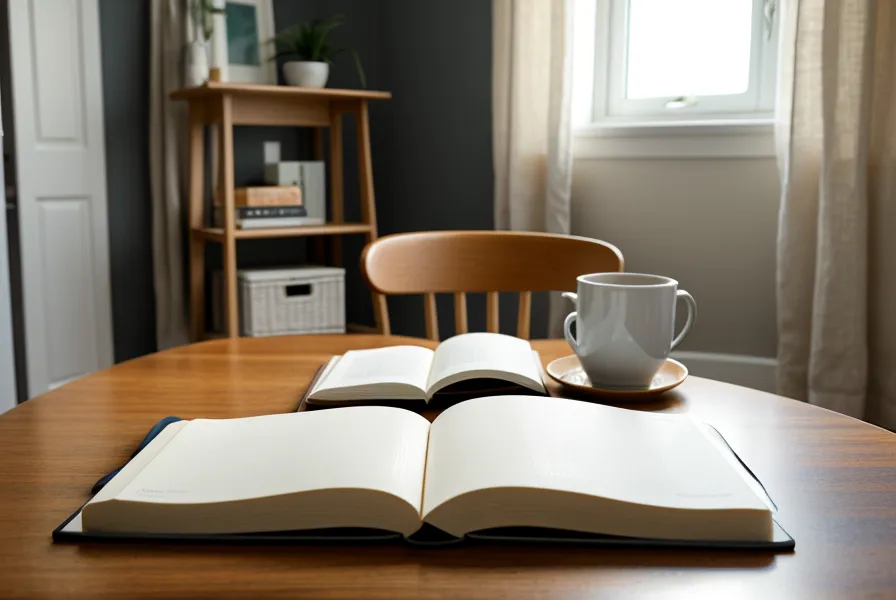 Wirbelsäulentherapie zuhause: eine zusammengerollte Übungsmatte zwischen Bücherregal und Küchentisch in einer Altonaer Wohnung