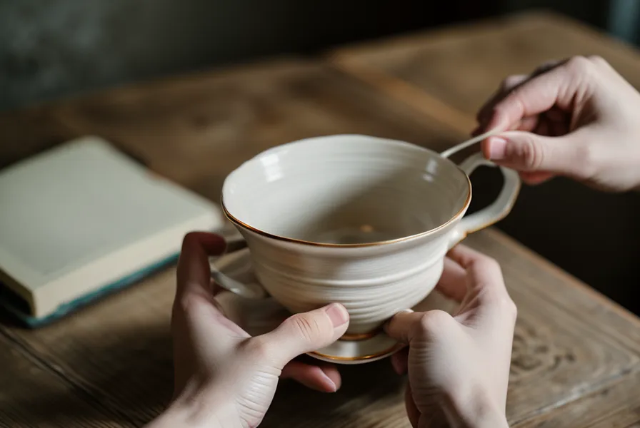 Erdverschmutzte Hände nach der Balkon-Gartenarbeit halten eine Tasse Tee als kurze Pause für den Rücken