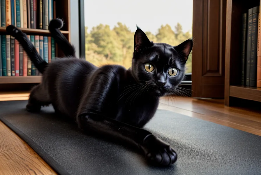 Kater Blasius liegt neben der Gymnastikmatte während kurzer Rückenübungen für mehr Bewegung im Alltag