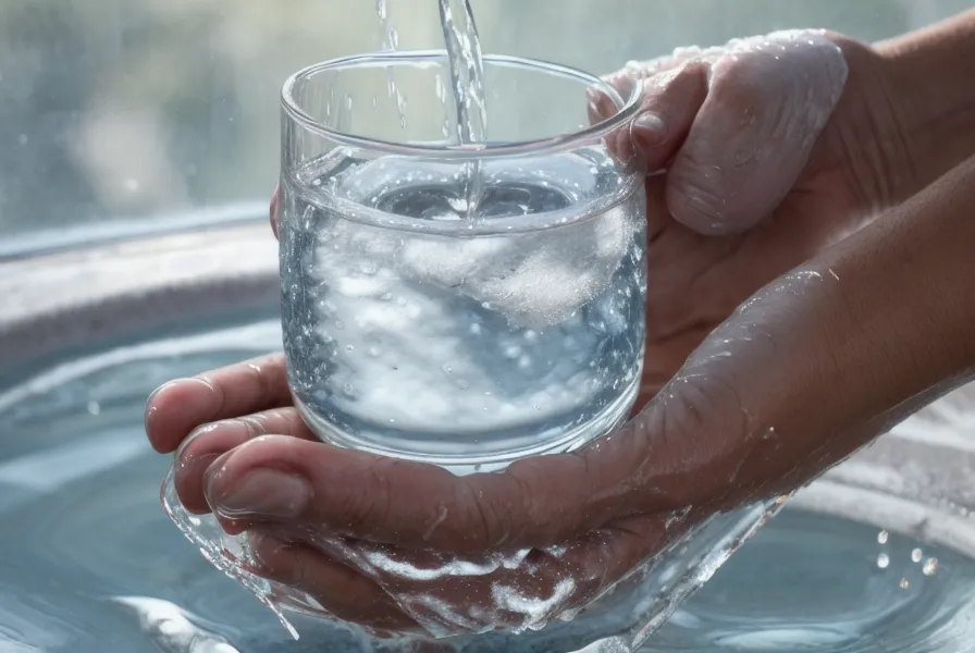 Nahaufnahme einer Hand mit kühlem Glas Wasser vor Bücherregalen – Selbsthilfe gegen Rückenschmerzen bei Hitze