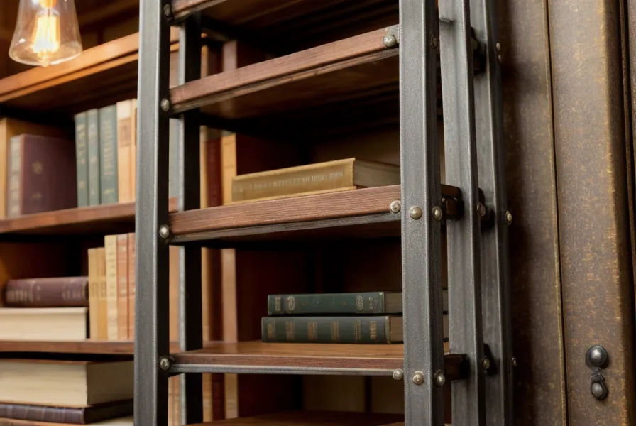 Metallleiter an hohen Bücherregalen im Laden – kühler Halt bei Rückenschmerzen und Hitze