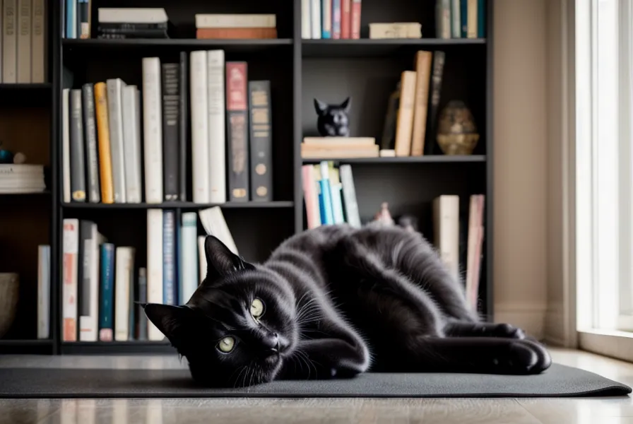 Schwarzer Kater schläft auf zusammengerollter Gymnastikmatte – Wirbelsäulentherapie-Erfahrung im Alltag einer Buchhändlerin