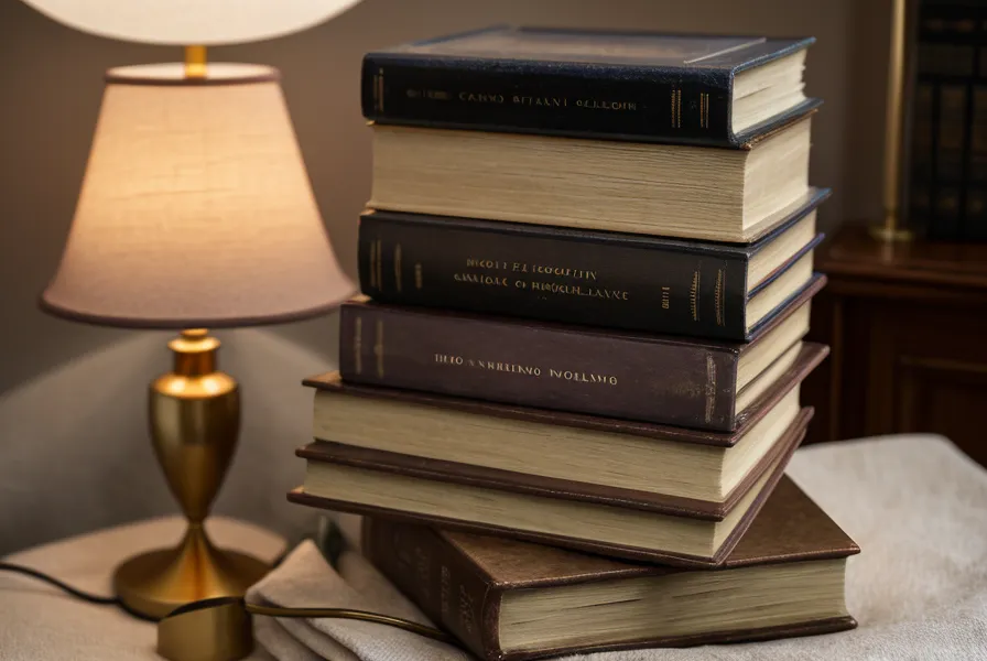 Lesen im Bett nach der Spätschicht: Stapel gebundener Bücher auf dem Nachttisch im warmen Lampenlicht