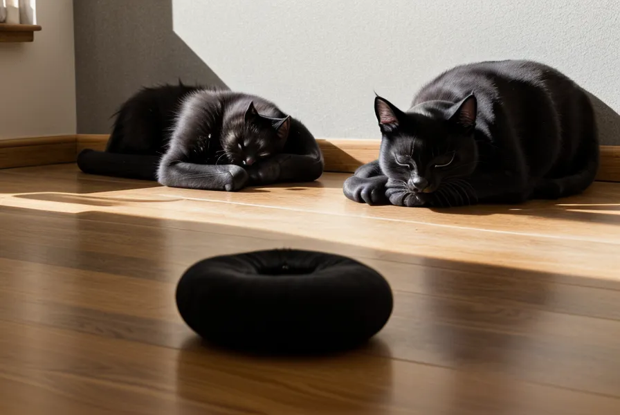 Schwarzer Kater schläft neben einer Matte und einer Tasse Tee im Abendlicht – Ruhephase nach der Körper-Mitte-Übung