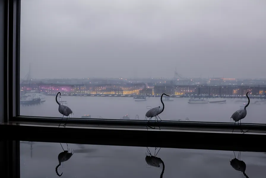 Blick aus einem Fenster in Altona auf die Hamburger Hafenkräne in der Abenddämmerung nach einem langen Stehtag im Verkauf.
