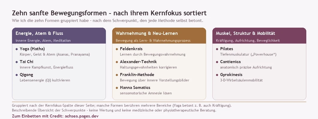 Übersichtskarte, die zehn sanfte Bewegungsformen nach ihrem Kernfokus in drei Gruppen ordnet: Energie, Atem und Fluss (Yoga, Tai Chi, Qigong); Wahrnehmung und Neu-Lernen (Feldenkrais, Alexander-Technik, Franklin-Methode, Hanna Somatics); Muskel, Struktur und Mobilität (Pilates, Cantienica, Gyrokinesis)